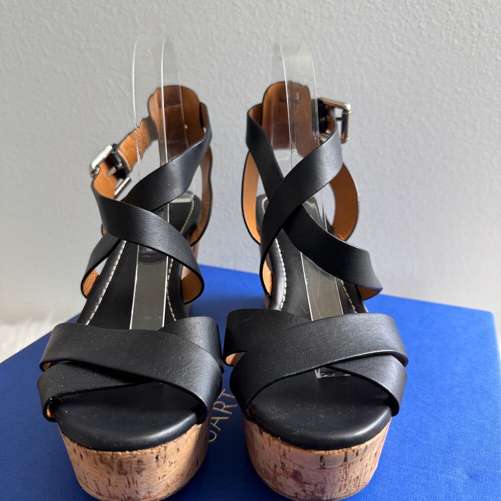 Ralph Lauren Collection Black Leather Criss Cross Cork Wedge Platform Sandals-39